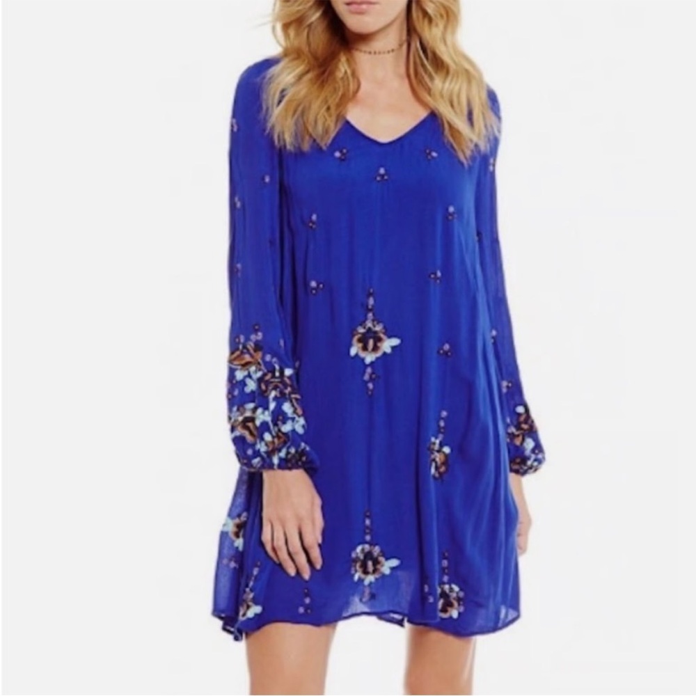 Free People Oxford Embroidered Mini Swing Dress Cobalt Blue Combo Size S boho